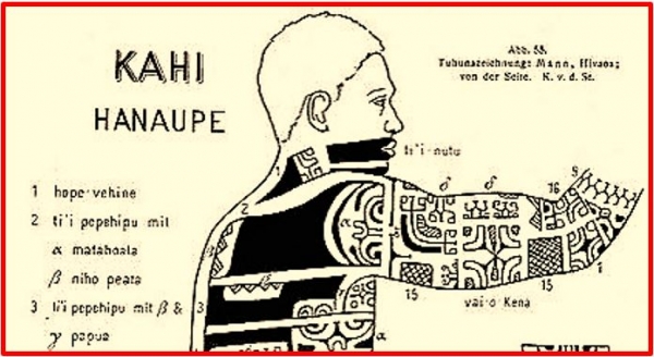 Dessin ex&eacute;cut&eacute; par Kahi pour Karl von den Steinen en 1898 (page 100)  Karl von den Steinen - Les Marquisiens et leur art - Tome 1 : Le Tatouage - Mus&eacute;e de Tahiti et des &icirc;les -Tahiti - 2005