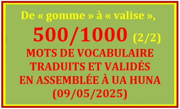 LISTE DES 500/1000 MOTS TRADUITS ET VALID&Eacute;S &Agrave; UA HUNA (09/05/2025) - 2/2 &ndash; De &laquo; gomme &raquo; &agrave; &laquo; valise &raquo;